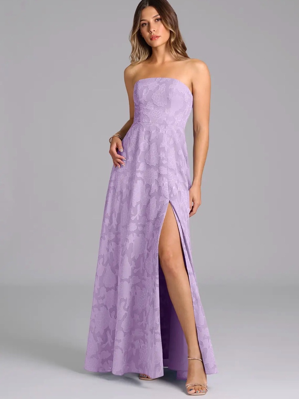 Azazie “Wren” Lilac Burnout Strapless Floral Lace A-Line Dress